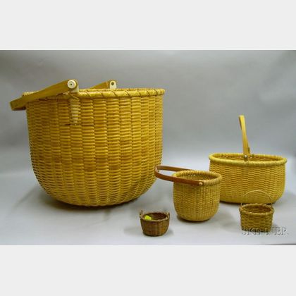 Three Reproduction Nantucket Swing-handle Baskets and Two Miniature Woven Splint Baskets. 