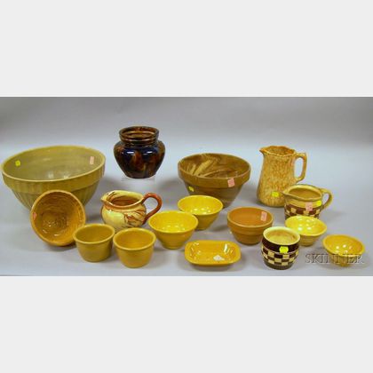Fourteen Pieces of Glazed Kitchen Pottery, Stoneware, and Yellowware