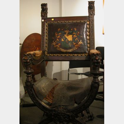 Renaissance Style Carved Oak and Tooled Leather Upholstered Armchair