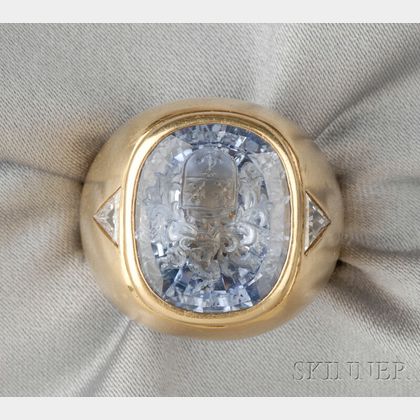 18kt Gold, Sapphire Intaglio, and Diamond Ring