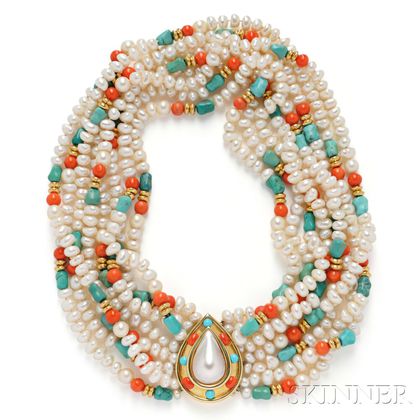 18kt Gold, Freshwater Pearl, Coral, and Turquoise Necklace, Tambetti