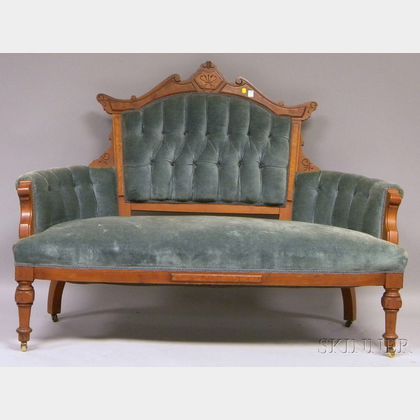 Victorian Eastlake-type Upholstered Carved Walnut Settee