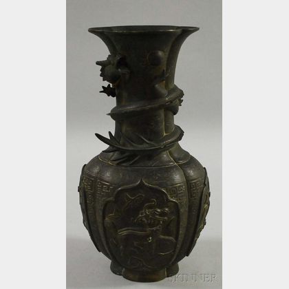 Chinese Cast Bronze Lobed Vase with Dragon Figure