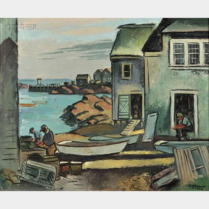 Emil Eugen Holzhauer (German/American, 1887-1986) Lobstermen on the Waterfront, Probably Maine