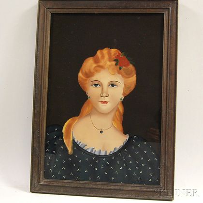 Framed Reverse-painted Glass Portrait of a Woman with a Flower in Her Hair