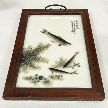 Framed Chinese Porcelain Plaque Depicting Fish