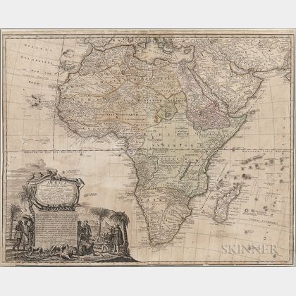 1737 Homann Map of Africa and Colored Engraving Vue de la Cote Depuis Mina .