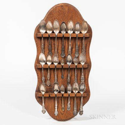 Twenty Odd Fellows, Daughters of Rebekah, and Knights of Pythias Commemorative Spoons with Oak Display Rack, 