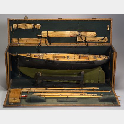 Carved and Painted Wooden Pond Boat with Carrying Case