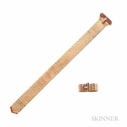 14kt Gold, Ruby, and Diamond Buckle Bracelet and Ring