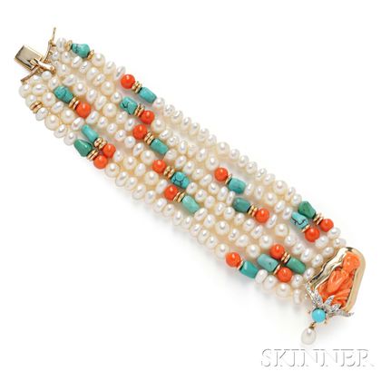 14kt Gold, Freshwater Pearl, Coral, Turquoise, and Diamond Bracelet, Tambetti