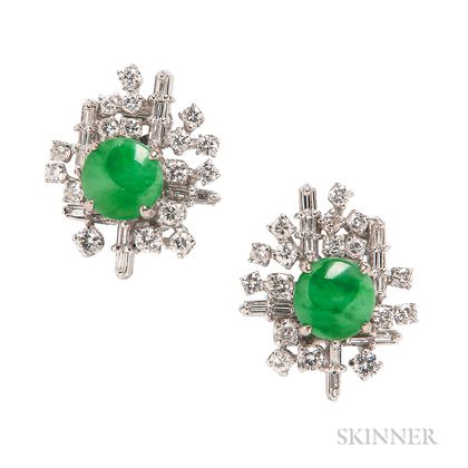 18kt White Gold, Jade, and Diamond Earclips