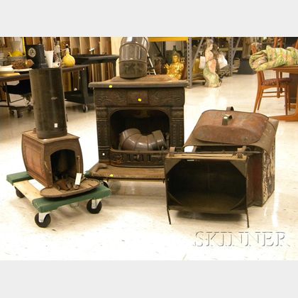 Group of Tin Accessories, Parts, and a Small Cast Iron Stove. 