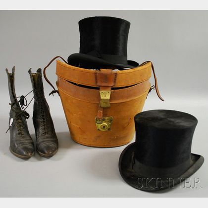 Two Men's Top Hats and a Pair of Lady's Black Leather High Lace Shoes