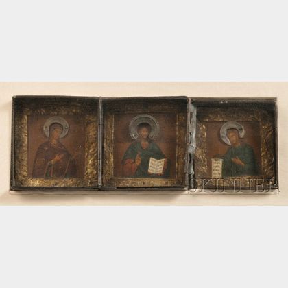 Russian Triptych Travel Icon Depicting the Deisis Group