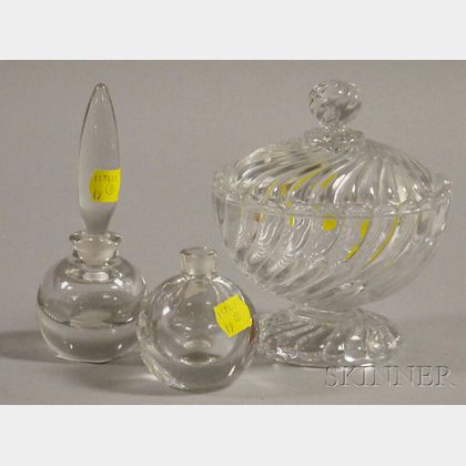 Two Steuben-type Colorless Art Glass Perfumes and a Baccarat Colorless Art Glass Footed Bowl with Cover