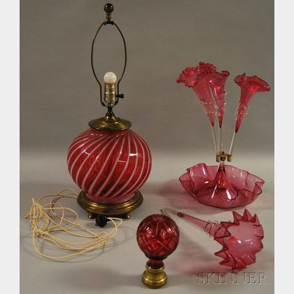 Cranberry Glass Table Lamp Base, Newel Post, and Epergne