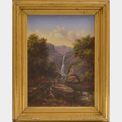 American School, 20th Century Waterfall Landscape with Native Americans