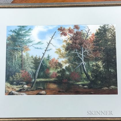 Framed Watercolor on Paper Landscape of Woodlands