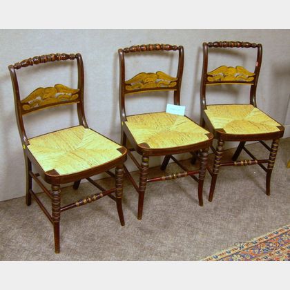 Set of Six Painted and Decorated Eagle-splat Fancy Chairs with Woven Rush Seats. 