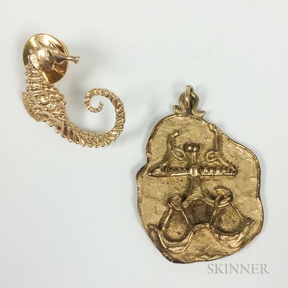 14kt Gold Abstract Pendant and 14kt Gold Seahorse Pin