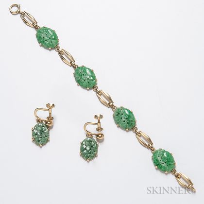 14kt Gold and Jadeite Bracelet and Pair of Matching Earclips
