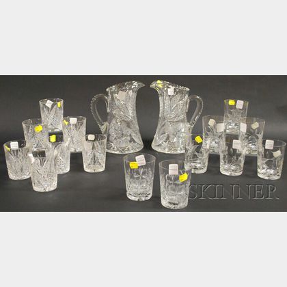 Pair of Colorless Cut Glass Pitchers and Fifteen Tumblers
