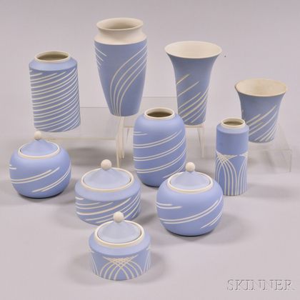 Ten Wedgwood Incised Light Blue Jasper Vases and Jars