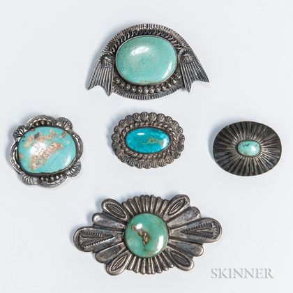 Five Navajo Silver and Turquoise Pins