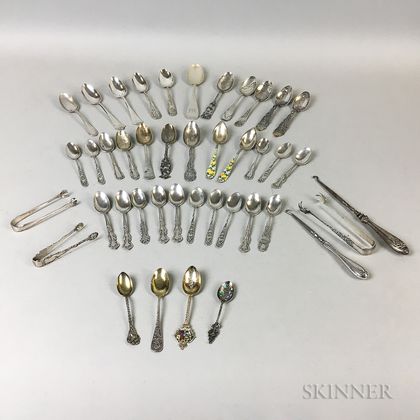 Group of Sterling Silver Teaspoons, Souvenir Spoons, and Sugar Tongs