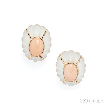 14kt Gold, Rock Crystal, and Coral Earclips