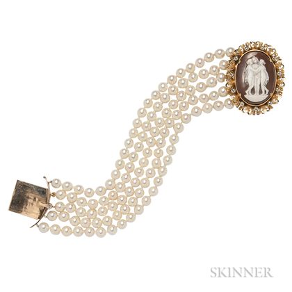 Cultured Pearl Five-strand Bracelet with Shell Cameo Clasp