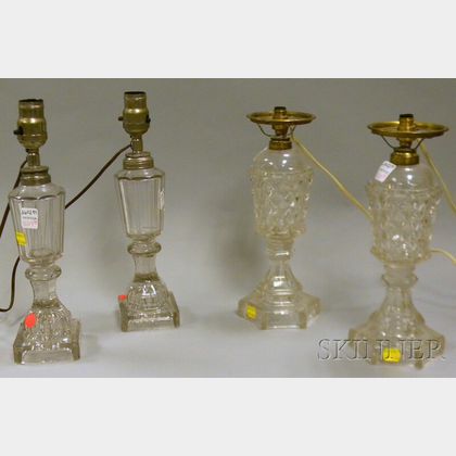 Two Pairs of Colorless Pressed Pattern Glass Fluid Lamps