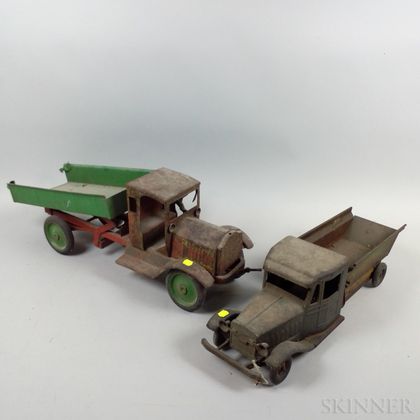 Five Painted and Stenciled Pine and Tin Trucks