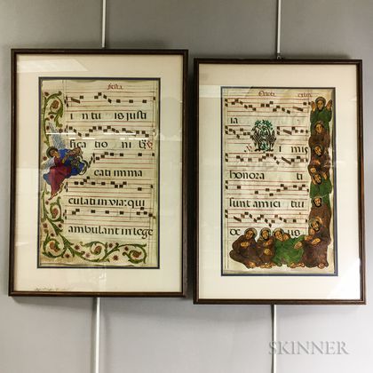 Two Framed Illuminated Vellum Music Sheets