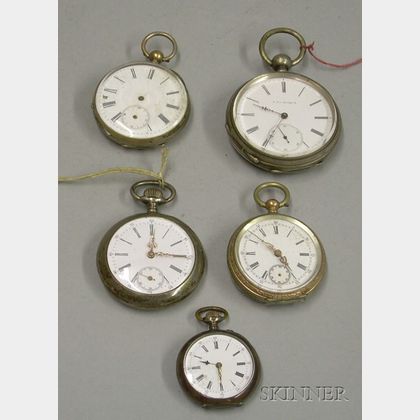 Five Swiss .800 Silver Open Face Pocket Watches