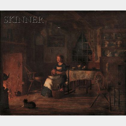 American School, 19th Century Interior with a Young Woman Paring Apples by Fire Light