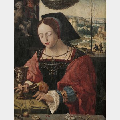 Manner of The Master of the Parrot (Flemish, 16th Century) Lady with Chalice in an Elegant Interior