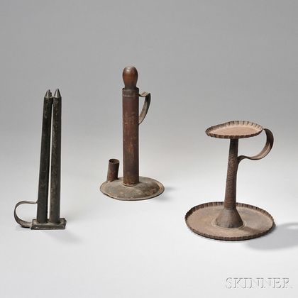 Tin Betty Lamp Stand, Tin Double Candle Mold, and Tin Fire Lighter
