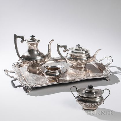 Four-piece Elizabeth II Sterling Silver Tea and Coffee Service with Associated Silver-plate Tray