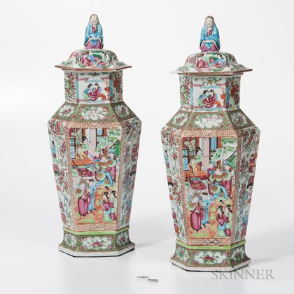 Pair of Rose Medallion Export Porcelain Covered Vases