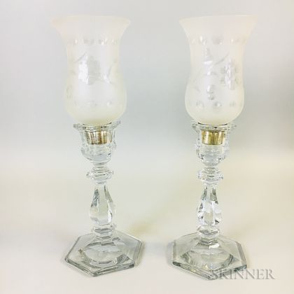 Pair of Hexagonal Glass Candlesticks with Shades