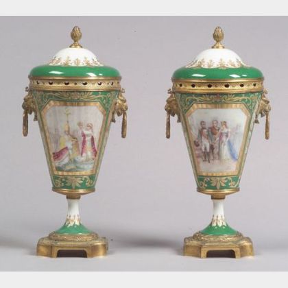 Pair of "Sevres" Porcelain Gilt-metal Mounted Hand-painted Potpourri Urns