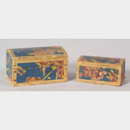 Two Miniature Wallpaper Covered Dome-top Boxes