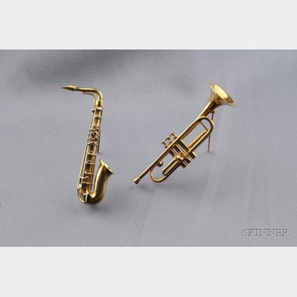 Two 18kt Gold Musical Instrument Brooches