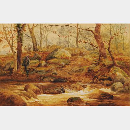 John Cuthbert Salmon (British, 1844-1917) Fisherman on a River Bank
