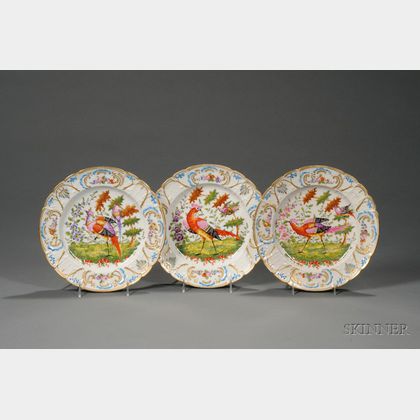 Set of Six Chelsea-style Gilt and Hand-painted Bird and Floral Decorated Porcelain Plates