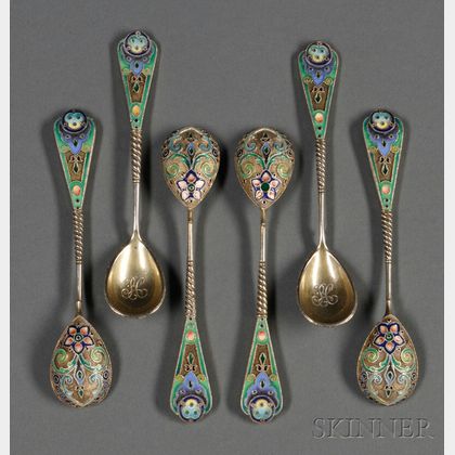 Set of Six Russian Enamel Demitasse Spoons