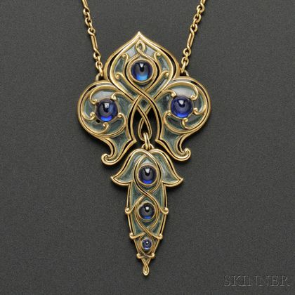 Art Nouveau Gold, Sapphire, and Plique-a-Jour Enamel Pendant, Marcus & Co.