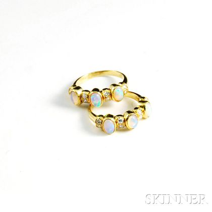 Pair of 18kt Gold, Opal, and Diamond Rings